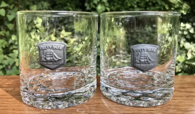 Pair of CUTTY SARK Scotch Whiskey Pewter Logo Rocks Drink Glasses