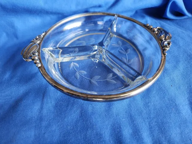 Webster Sterling Silver and Etched Crystal Divided 7.25” Dish - Floral Handles