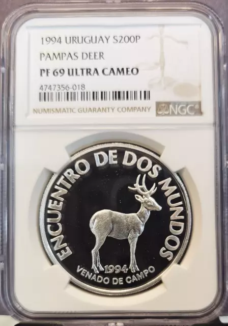 1994 Uruguay Silver 200 Pesos Pampas Deer Ngc Pf 69 Ultra Cameo Top Pop