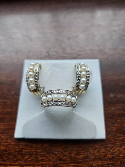 9ct Yellow&White Gold Cluster Pearls&diamonds Set made by QVC