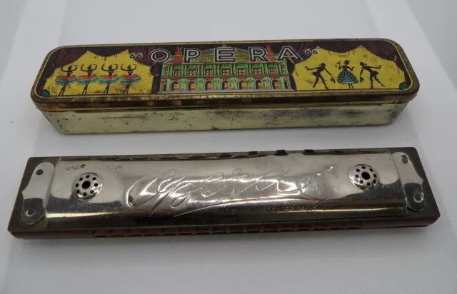 Vintage Metal/Wood OPERA HARMONICA C Key w/Tin Case MADE IN West GERMANY US Zone