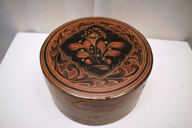 Antique Burmese Betel Nut Box Lacquerware Myanmar Storage Container Paandan Old" 2