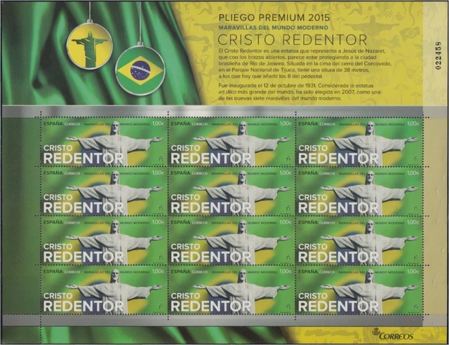 Spain Sheet Premium 26 2015 Wonders of the World Modern, Christ Redeemer, MNH