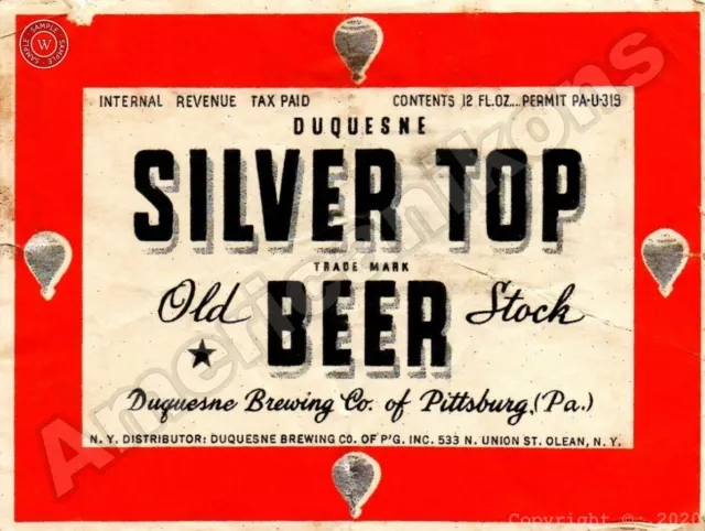 Silver Top Old Stock Beer NEW Metal Sign: Duquesne Brewing Co., Pittsburgh, PA
