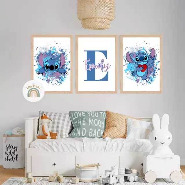 Set Of 3 Personalised Stitch Name A4 Prints Stitch Bedroom Decor Stitch Wall Art