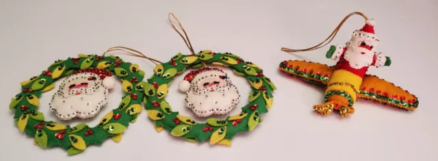 Vintage MCM Bucilla Christmas Ornaments Santa Wreaths & Airplane Sequins & Felt