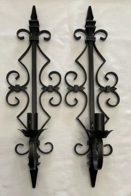 Vintage Wrought Iron Metal Wall Sconce Candle Holders Pair Black 21”