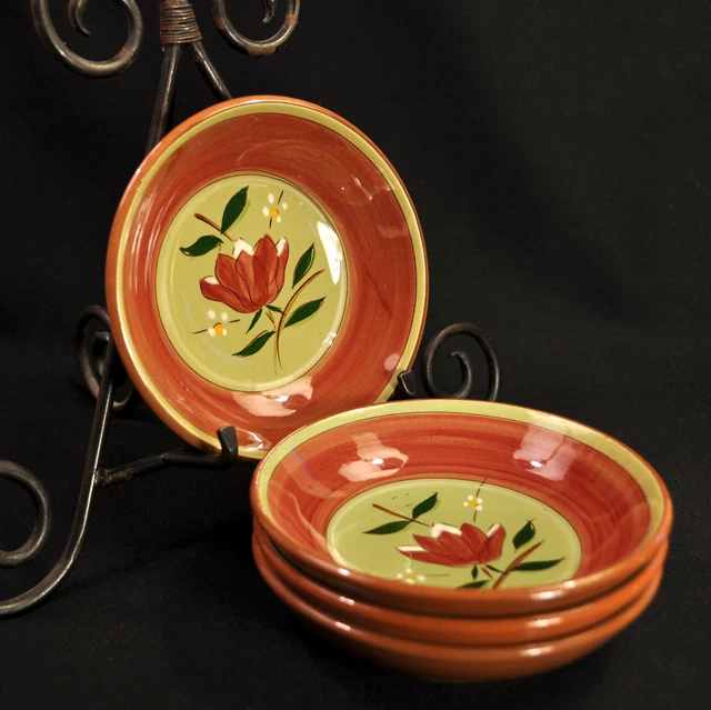 Stangl Magnolia Set of 4 Fruit Bowls HandPainted Maroon Yellow Green Engobe 1952