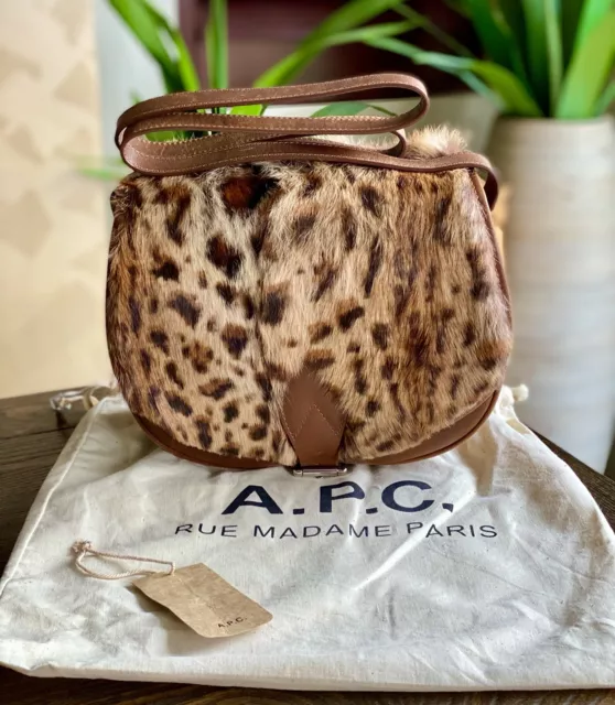 A.P.C. Messenger Shoulder Bag / Leopard Print Rabbit Fur / Brown Leather / APC