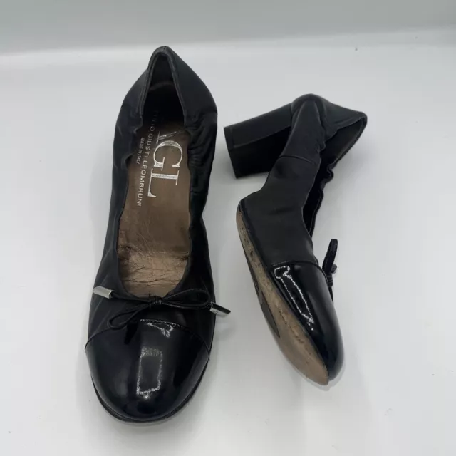 AGL Attilio Giusti Leombruni Block Heel Black Leather Heel Black Cap Toe 38.5