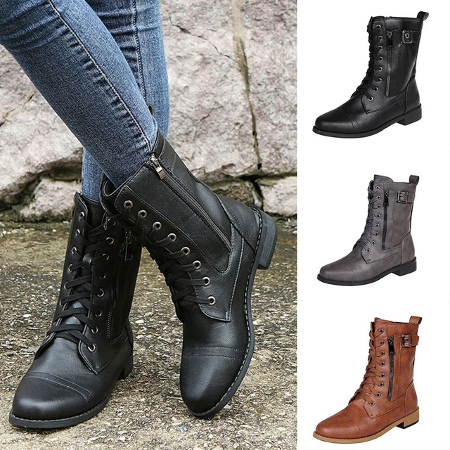 Bottes Mode Femmes Milieu Mollet Militaire Chaussures Plates Randonn??e Lacet