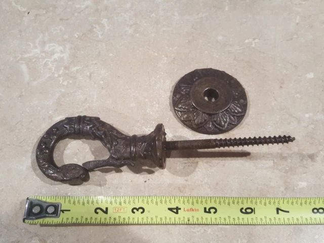 Victorian EASTLAKE Embossed Cast Iron Snap Hook & Ceiling Plate "Great Patina"