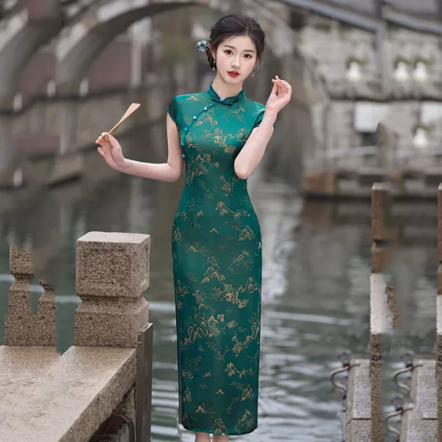 CINESE ELEGANTE SMERALDO Raso Cheongsam Qipao Vestito Con D Oro Mountain Motivo EUR 64 77 PicClick IT