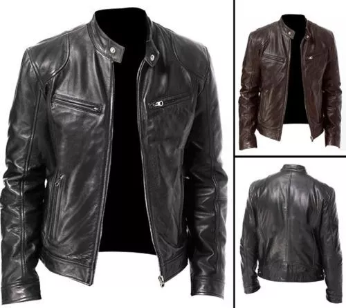 Men's Vintage Cafe Racer Black Brown Genuine Leather Slim Fit Real Biker Jacket