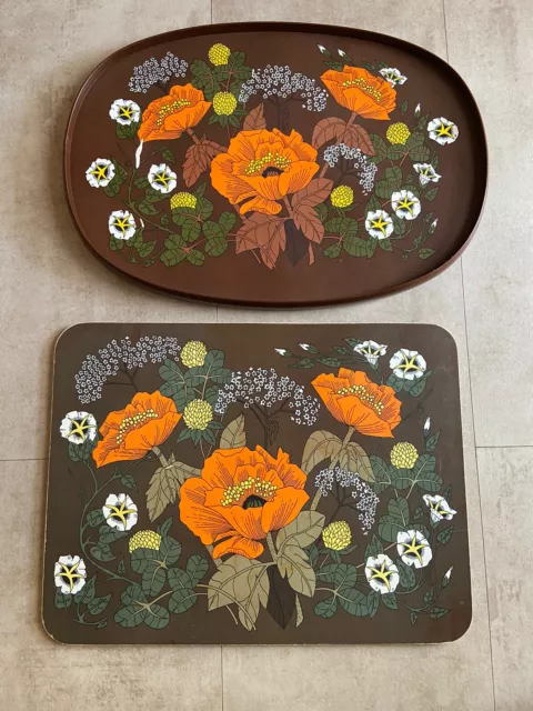 Bandeja para servir grande y tabla de cortar MARKS & SPENCER vintage marrón naranja amapolas