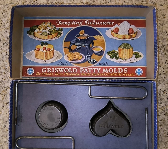 EARLY VERSION 1930'S Griswold 2 Cast Iron Patty Molds Set In Original