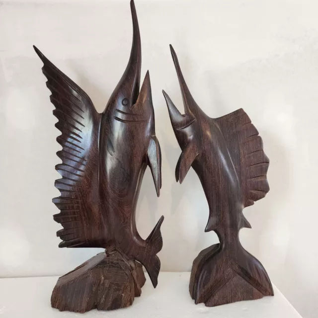 Vintage Hand Carved Ironwood SWORDFISH Marlin Statue Sculpture lot, 14.5"  12.5"