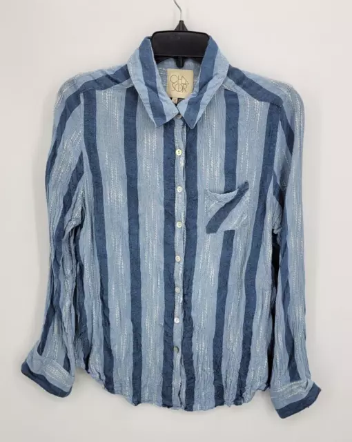 Chaser Top Womens Medium Textured Blue Stripe Long Sleeve Button Up Boho