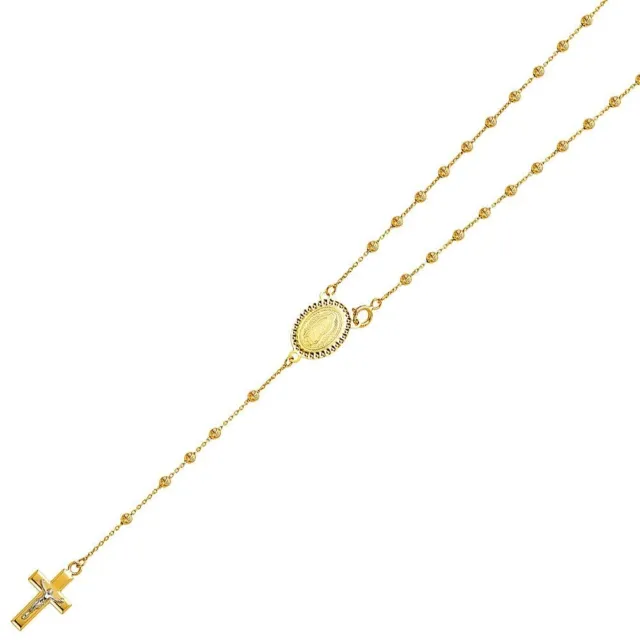 14K Yellow Gold 2.5mm Beads Ball Rosary Cross & Guadalupe Necklace Chain 20"