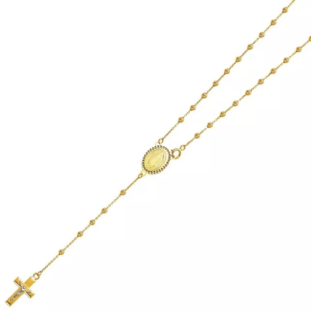 14K Yellow Gold 2.5mm Beads Ball Rosary Cross & Guadalupe Necklace Chain 20"