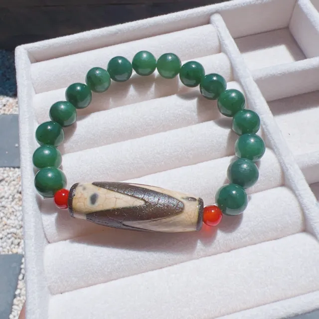 Good Quality Natural Real Hetian Green Jade Beaded Bracelet With Old Tibetan