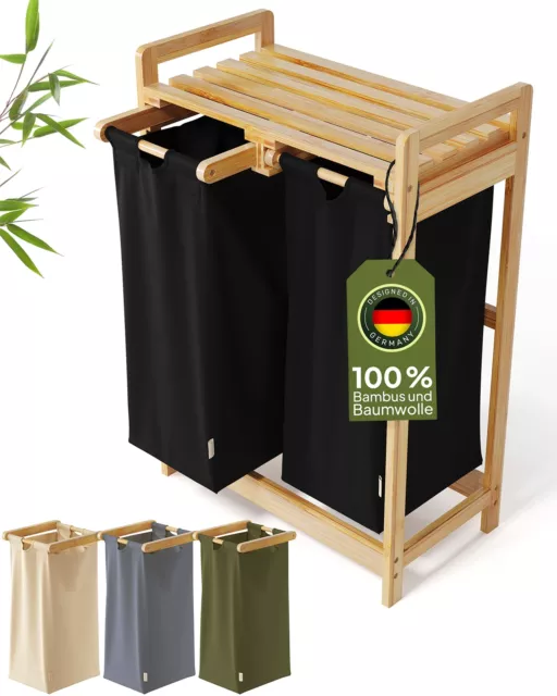 AMBIAVO® Wäschekorb 2 Fächer [schwarz, 100% Baumwolle, Bambus, 60 l Volumen] | W