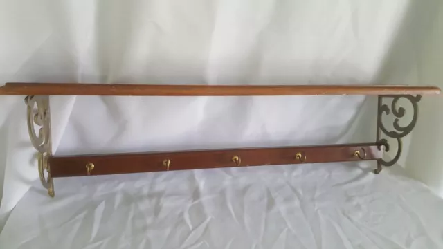 Vintage Brass and wood Coat Hat Rack Wall Mounted 5  Hooks