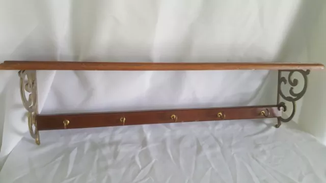 VINTAGE BRASS AND wood Coat Hat Rack Wall Mounted 5 Hooks $34.00 - PicClick