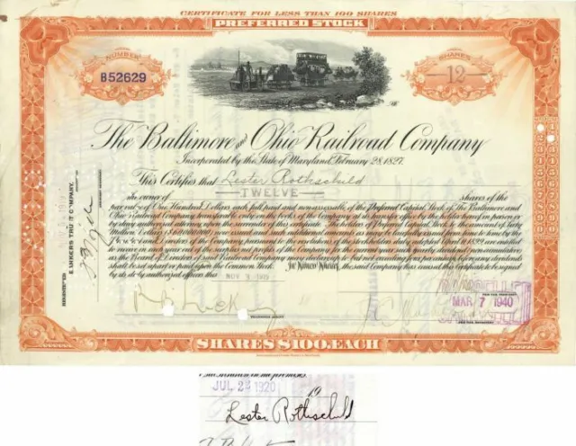 Baltimore and Ohio Railroad Co. Issued to and Signed by Lester Rothschild - Stoc