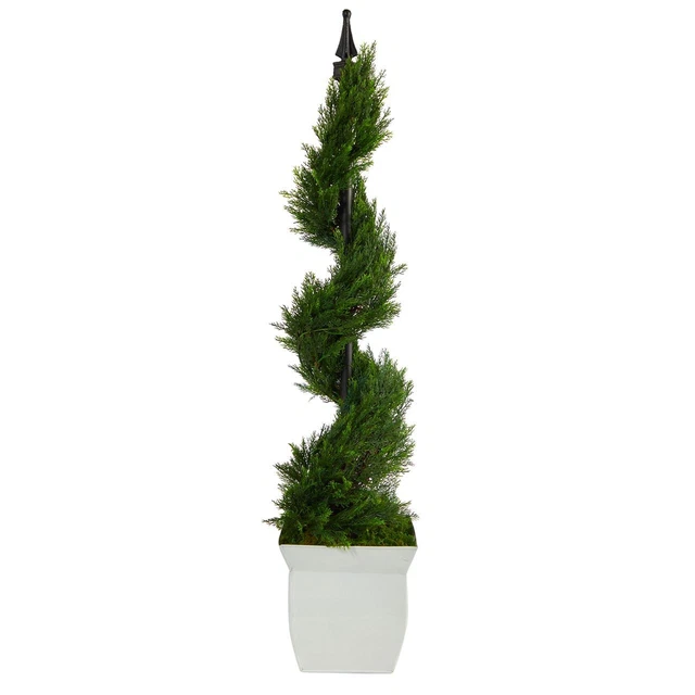 Multicolor 4' Cypress Spiral Topiary Artificial Tree in White Metal Planter - 4