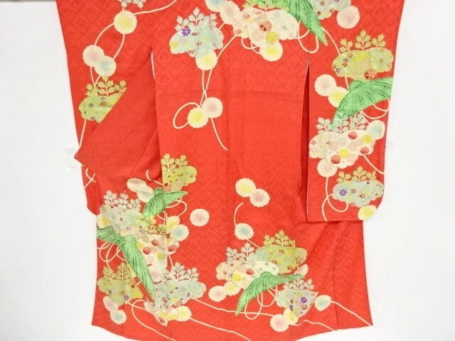 40543# Japanese Kimono / Antique Furisode / Embroidery / Floral Plants