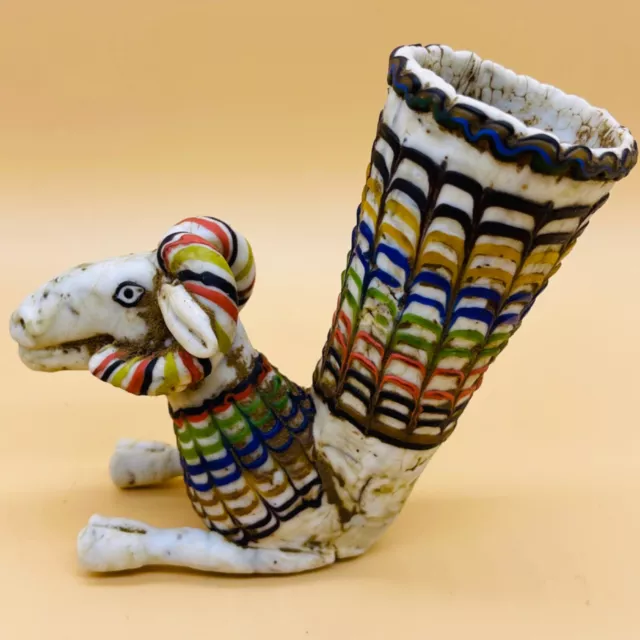 Ancient Phoenician Mosaic Glass Rhyton Vessel With Ram Head