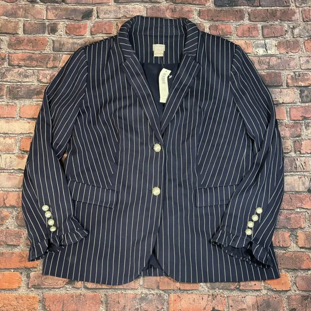 NWT Chico's Size 2 P 12 Navy Pinstripe Faux Pearl Button LS Blazer Jacket $139