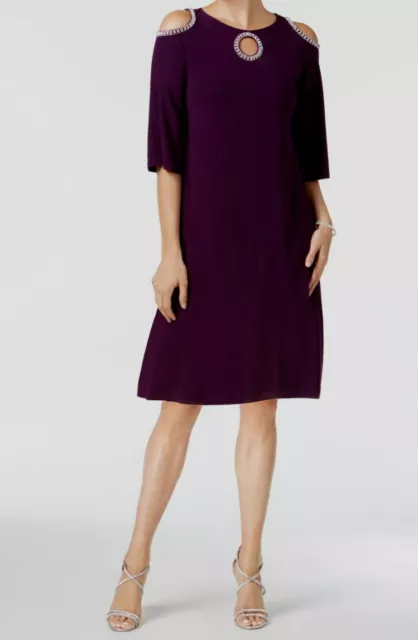 $79 Msk Petite Women's Purple Cold Shoulder Embellished Shift Dress Size PXL