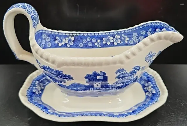 Copeland Spodes Tower Blue Gravy Boat Attached Underplate Vintage Floral England