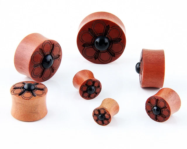 1 Pair 7/16" Ga Hand Carved Tribal Flower Plugs Double Flared Organic Sowo Wood