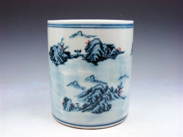 Blue&White Porcelain Mountains Scenery Painted LARGE Brush Holder Pot #04252301