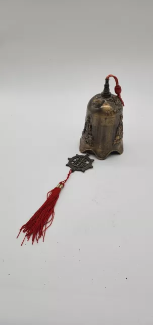 Brass Tibetan Temple Bell Buddha Dragon Hand Forged  Bell Knocker Tassels