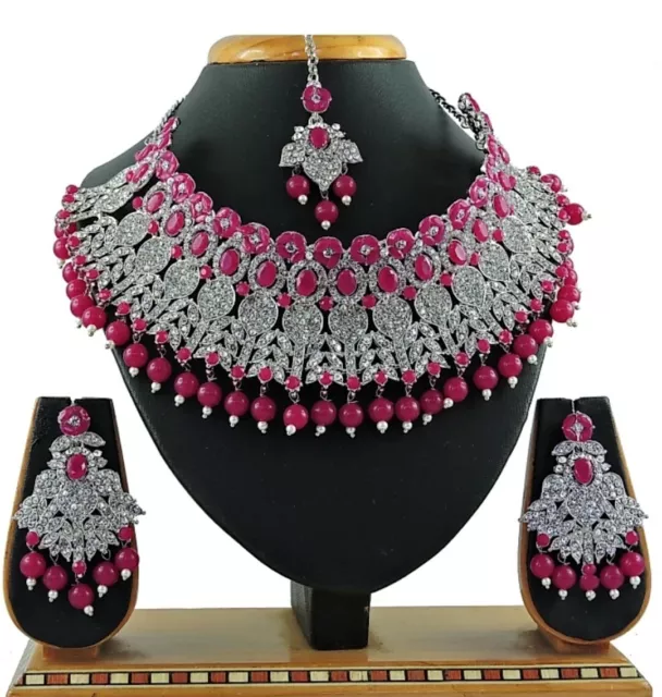 Rani Indian Bollywood Pearl Silver Plated Fashion Bridal Diamond Necklace Set