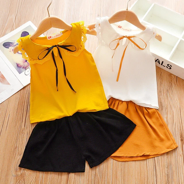Set top e pantaloncini per bambina outfit senza maniche set estivo età 2 3 4 5 6 7 anni