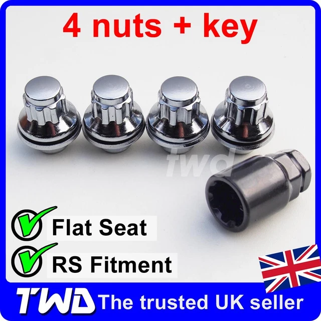 CARFLOW TRILOCK Locking Wheel Bolts Set - 7 Spoke Alloy Style For Fiesta Mk1/Mk2 & Escort Mk3/Mk4, M12x1.5, 4 Pack With Stainless Caps