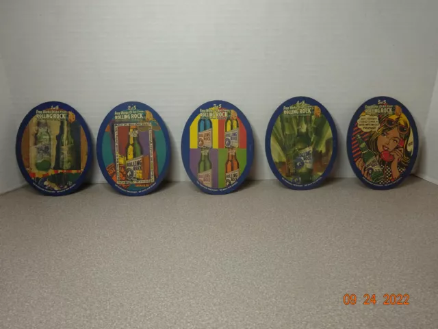 Set of 5, Vintage ROLLING ROCK Beer Coasters Free Works of Art 5 Designs PUB BAR