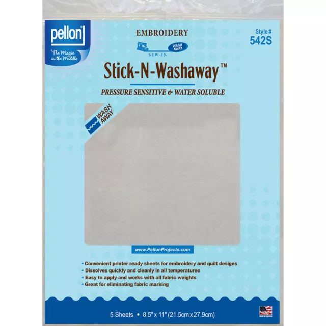 Pellon Stick-N-Washaway Embroidery Stabilizer 5/Pkg-White 8.5"X11"