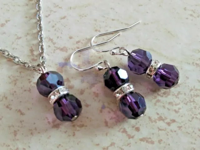 Purple glass crystal necklace earrings silver wedding handmade jewelry set