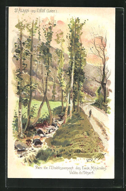 CPA illustrator St-Alban-les-Eaux, Parc de l'Establishment des Eaux Minerals,