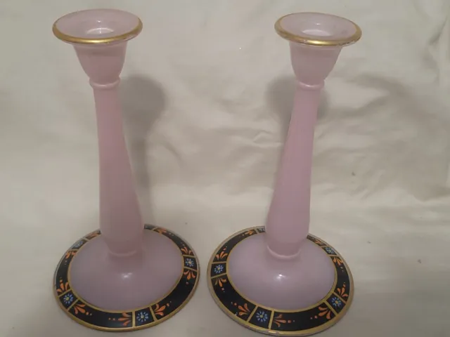 Lot of 2 Antique 1920s Westmoreland Candle Holders Pink Glass 10in Hand Painted