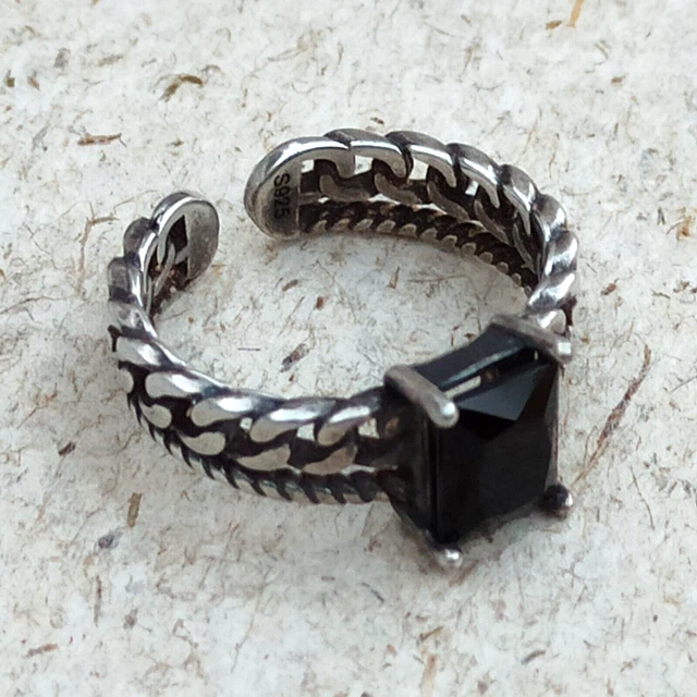 ANELLO IN ARGENTO VTG corda intrecciata fascia cristallo nero Art