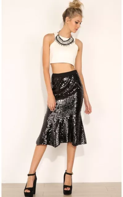 Sequinds Mermaid Midi Skirt Black S 8 10 Party Cocktail Vintage Look Club Peplum