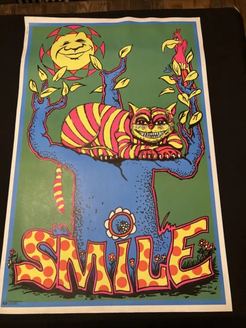 Vtg 70’s Black Light Poster SMILE Cheshire Cat 23"x 35" DEADSTOCK 1971 Trippy