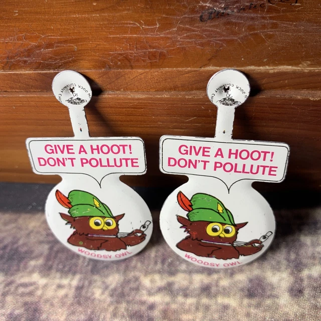 Woodsy Owl 1970's Give a Hoot? Don't Pollute Tin Litho Tab Pin Button Pair 2